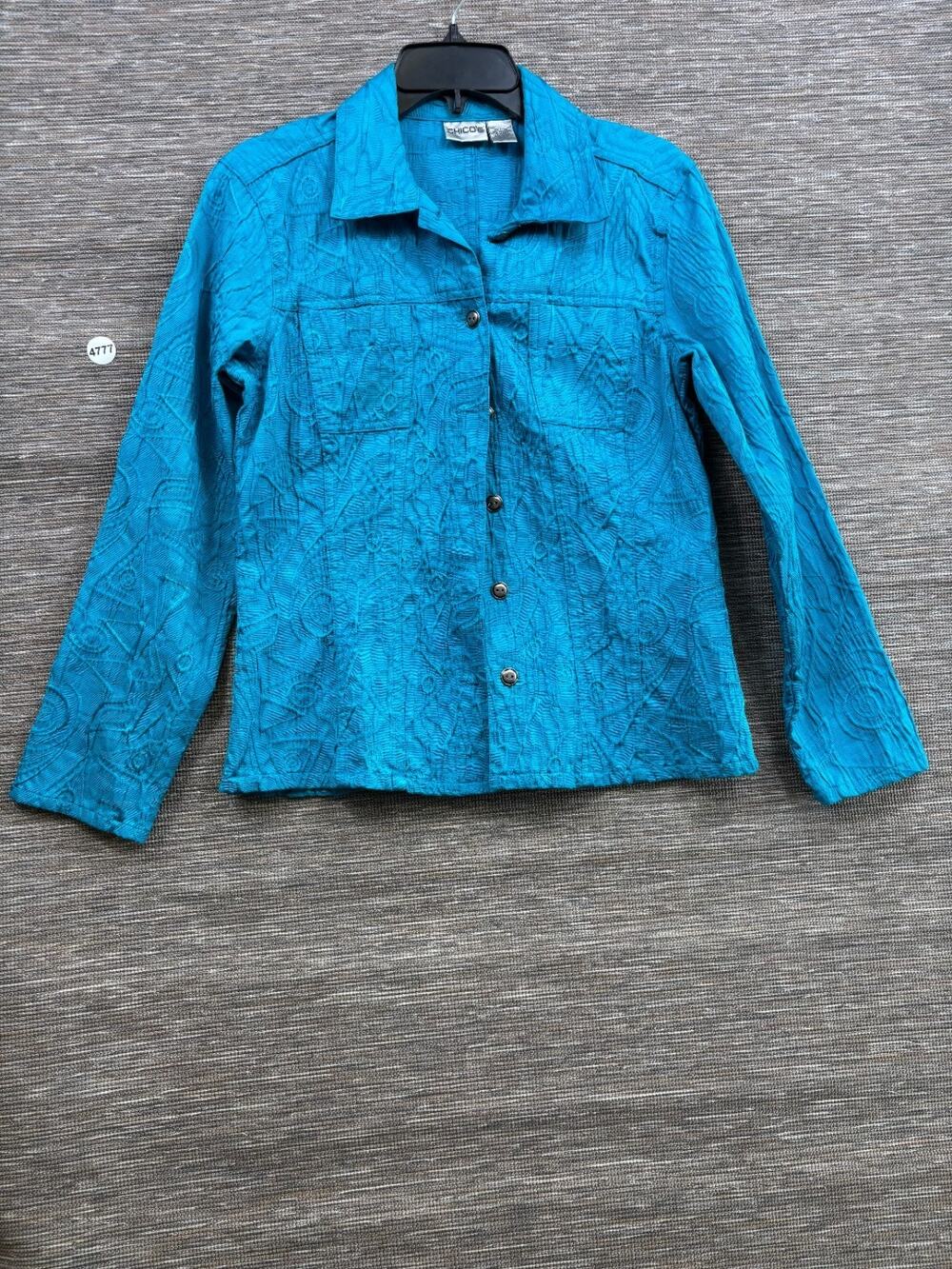 Chico's Textured Jacket Womens Size 1 US 8 Teal Blue Button Closure Long Sleeve